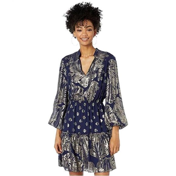 Lilly Pulitzer Joelle Silk Dress Navy Gold Metallic Clip Fit & Flare Size 2 - Picture 1 of 11